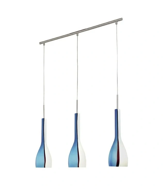 BE287665 zavesne svietidlo 3x40W/G9, s70cm, matny nikel/ handarbeit modro-cierno-biele sklo