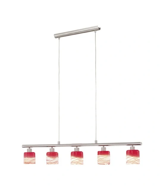 BE287814 zavesne svietidlo 5x40W/G9, s91cm, matny nikel/ handarbeit cerveno-biele sklo