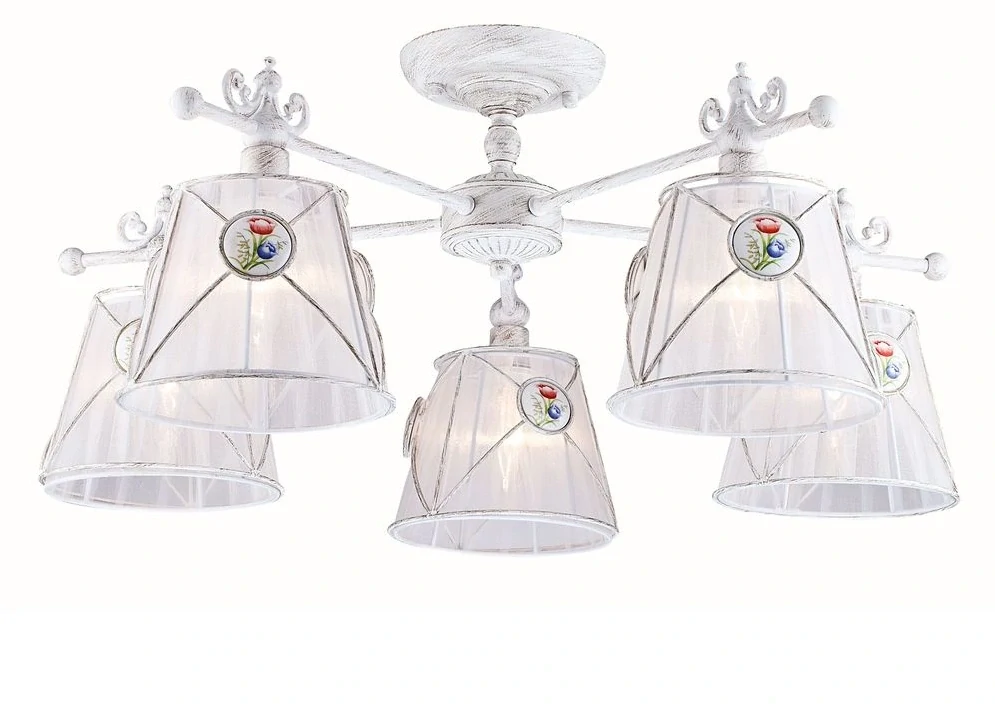 CM3ARM620-05-W stropne sv. 5x40W/E14, d68cm, bielo-zlaty kov/plis.organza+dekor.