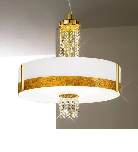 Závesné svietidlo Kolarz EMOZIONE - 0345.36.3.Me.Au, 6×60W/E27, d 60 cm, 24 karat GOLD/opálové sklo/dekorácia zlatá/Swarovski+Pure krištáľ - ručná maľba na skle, Handmade in Italy