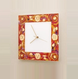 AK10415.20.RV nastenne hodiny 30x30cm, matne sklo/zlata-cervena-oranz., Handmade in Italy - rucna malba na skle