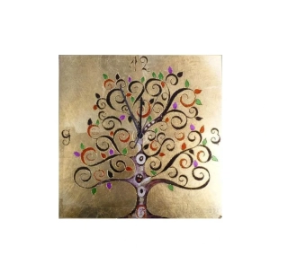 AK10417.20.Mu nastenne hodiny 30x30cm, matne sklo/dekoracny strom farebny, Handmade in Italy - rucna malba na skle